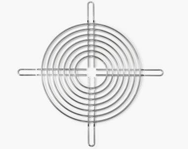 Nickel chrome plated metal fan finger guard with 160 mm diameter, 7 rings, ring diameter 1.6 mm, rib diameter 2.0 mm.